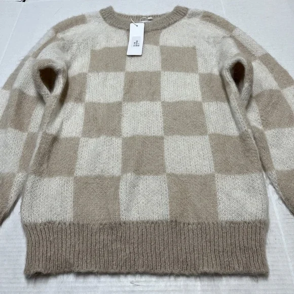 Bianco & Blu Sweater Womens M Neutral Ivory Checkboard Mohair Blend Pullover - Picture 2 of 10